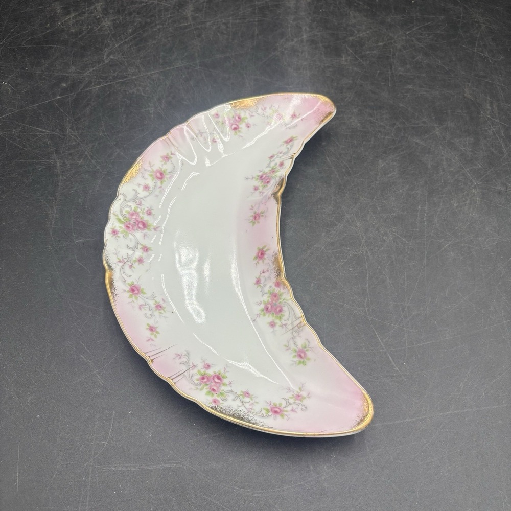 Lefton China Trinket Dish Dainty Pink Rose, Gold Trim Crescent Shape